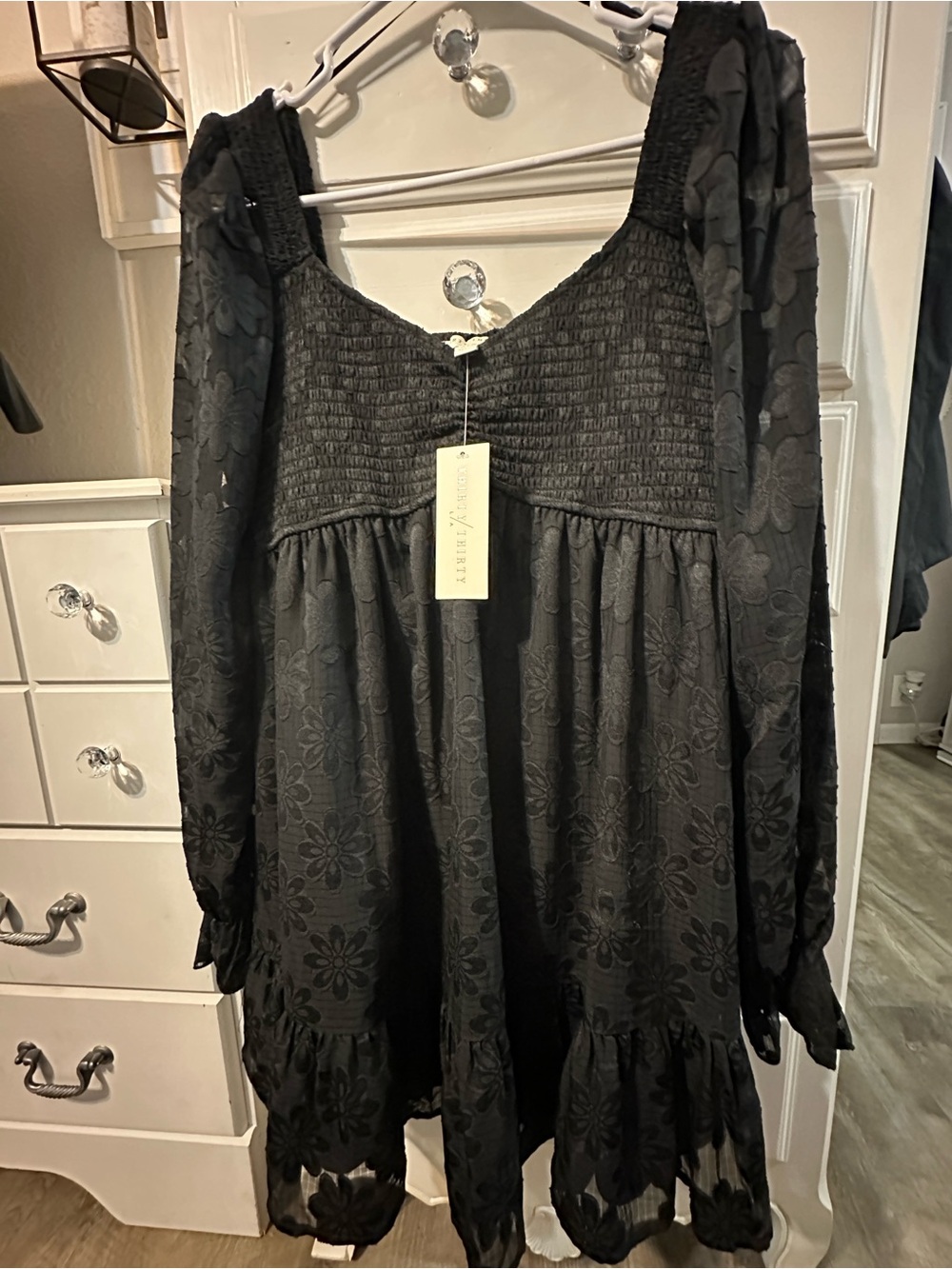 Black Floral Smocked shear Long-Sleeve Mini Dress